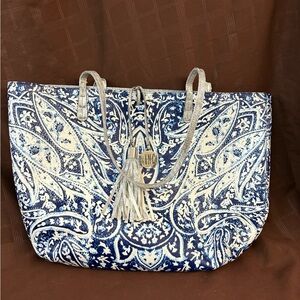INC Mykonos Blue Paisley Boho Tote Bag Metallic Handles Tassel MSRP $89